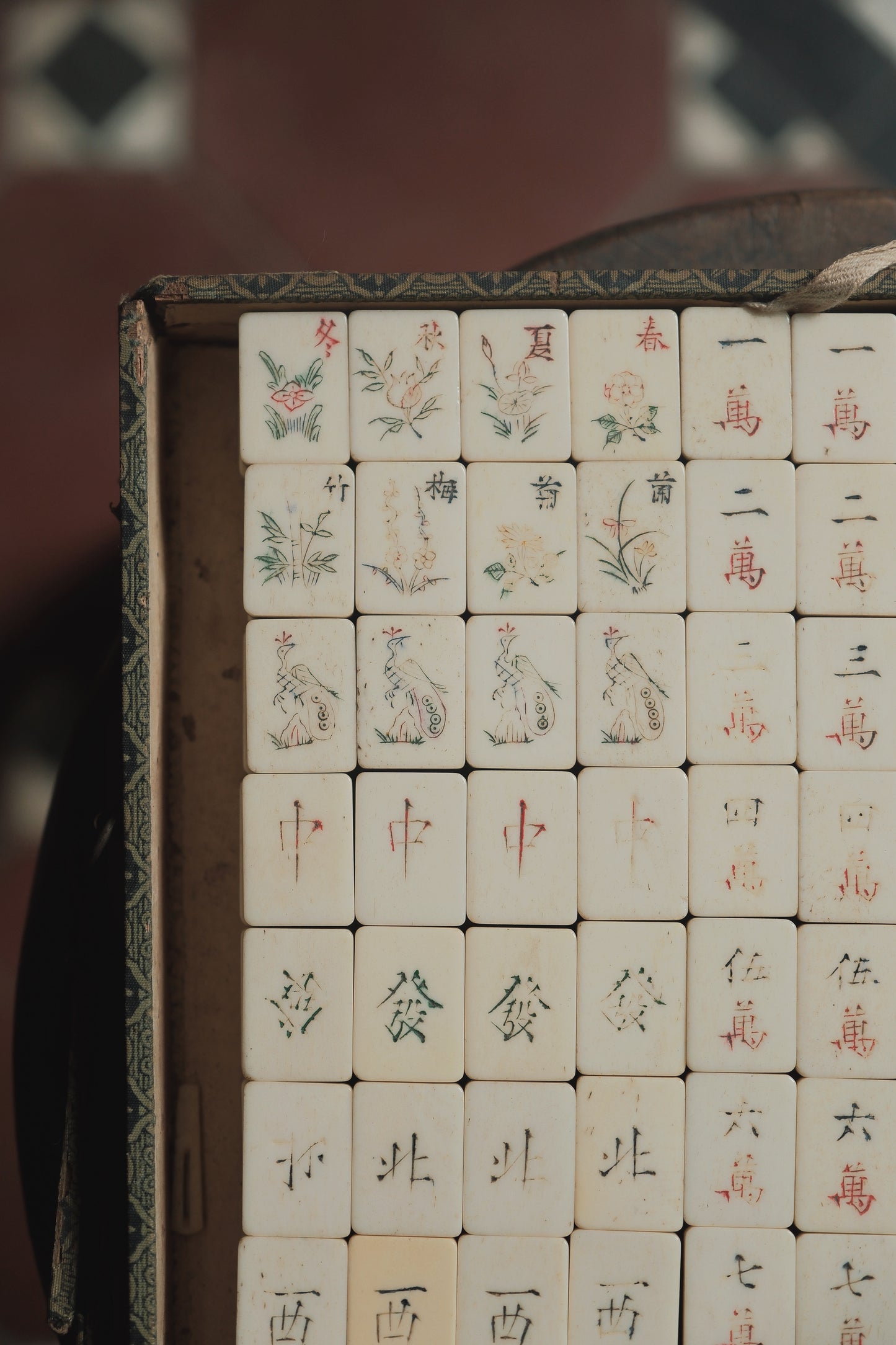 Vintage 1960s Hand-Carved Bamboo and Bone Mahjong Set  Comes with two bone dice.