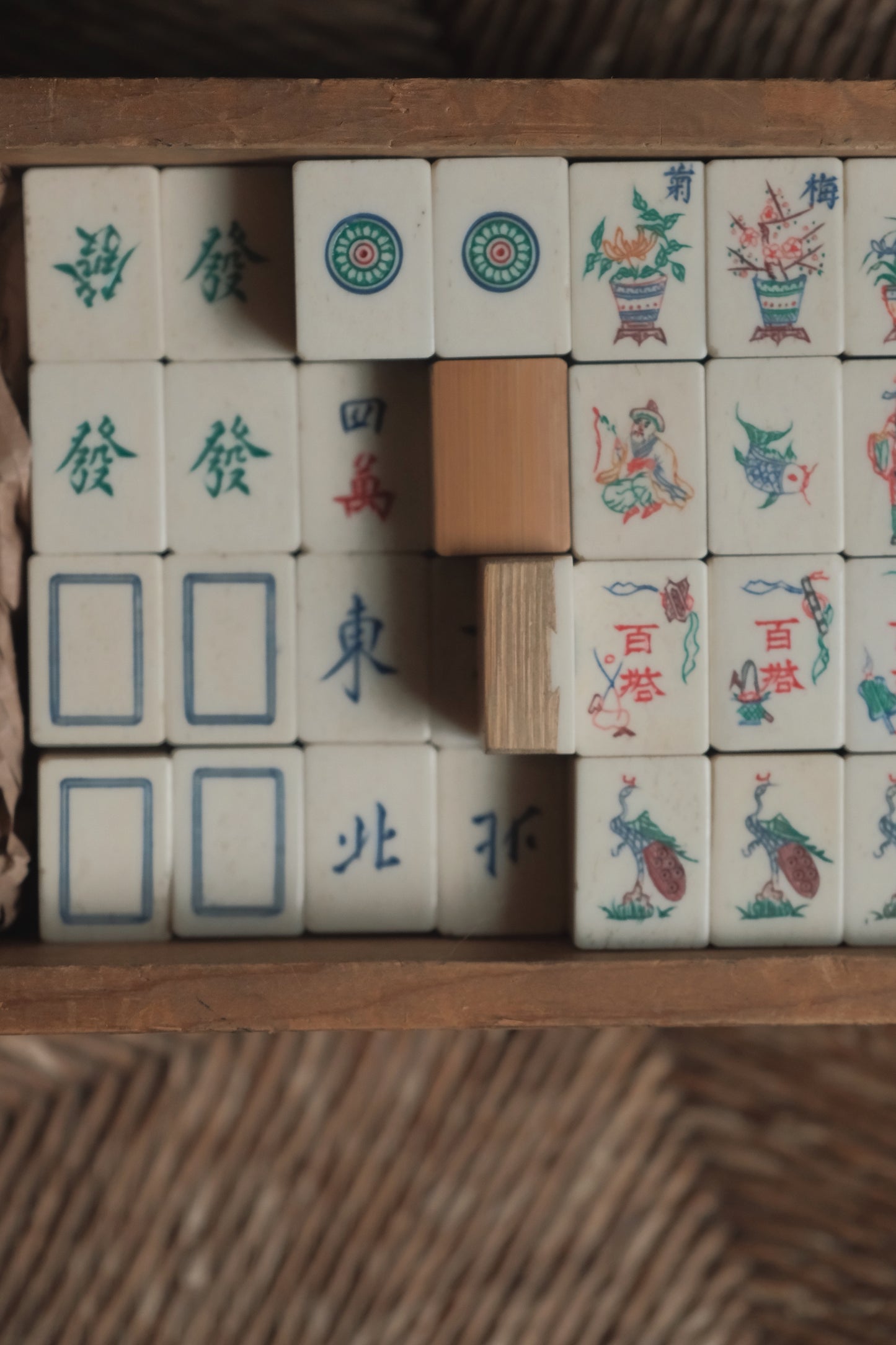 Vintage 1960s Hand-Carved Bamboo and Bone Mahjong Set