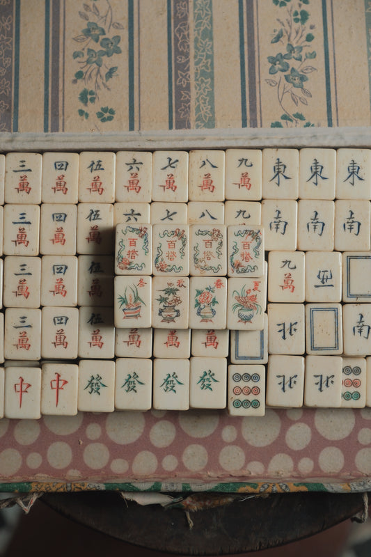 Vintage 1960s Hand-Carved Bamboo and Bone Mahjong Set