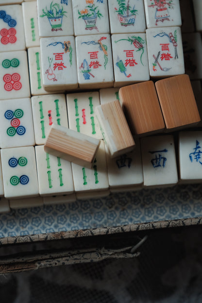 Vintage 1970s Hand-Carved Bone-and-Bamboo Mahjong Set