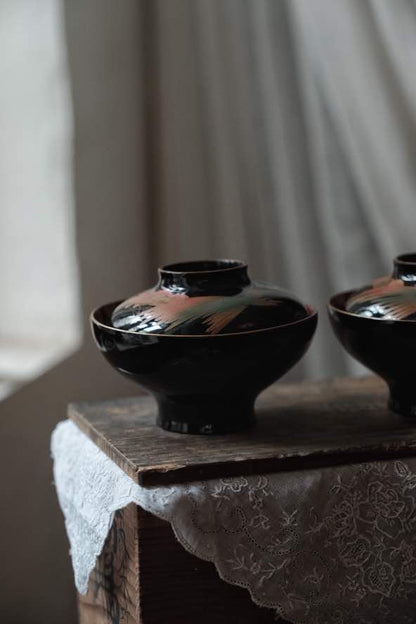 ($100)日本製• 明治全木胎漆器描金鳥花蓋碗