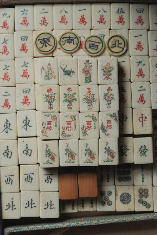 Vintage 1960s Hand-Carved Bone-and-Bamboo Mahjong Set