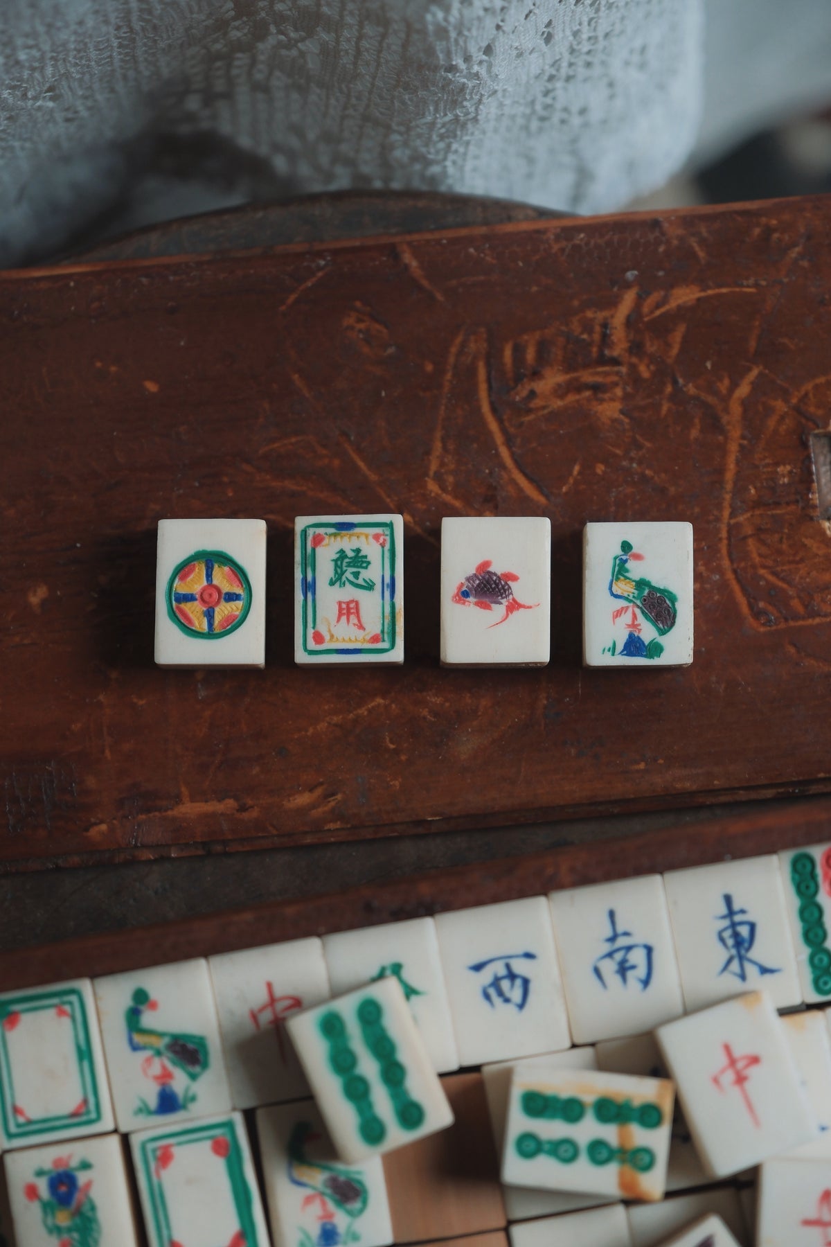 Vintage 1970s Bamboo-Backed Hand-Carved Sichuan style figure tile mahjong set.