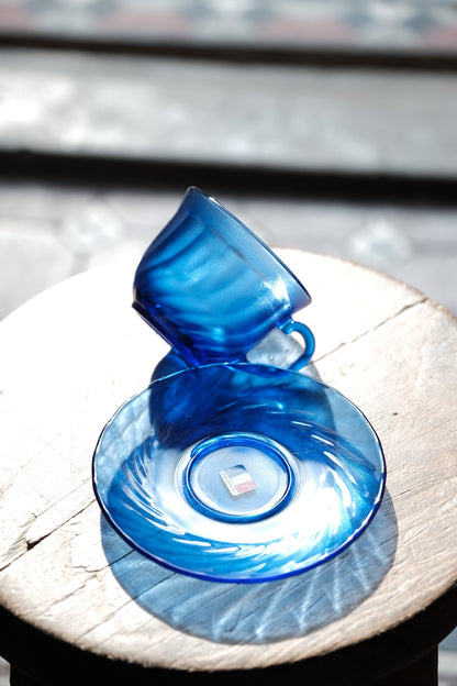 法國製• Arcoroc klein blue磨砂玻璃咖啡杯碟 （210ml）