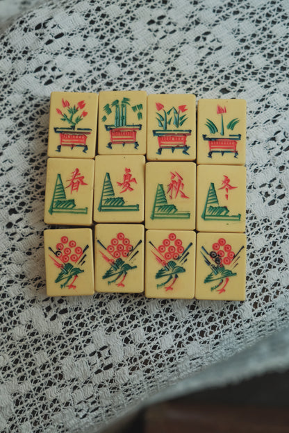 1970s  Hand-Carved Calligraphic Resin Mahjong Set (Faux Ivory) wooden box