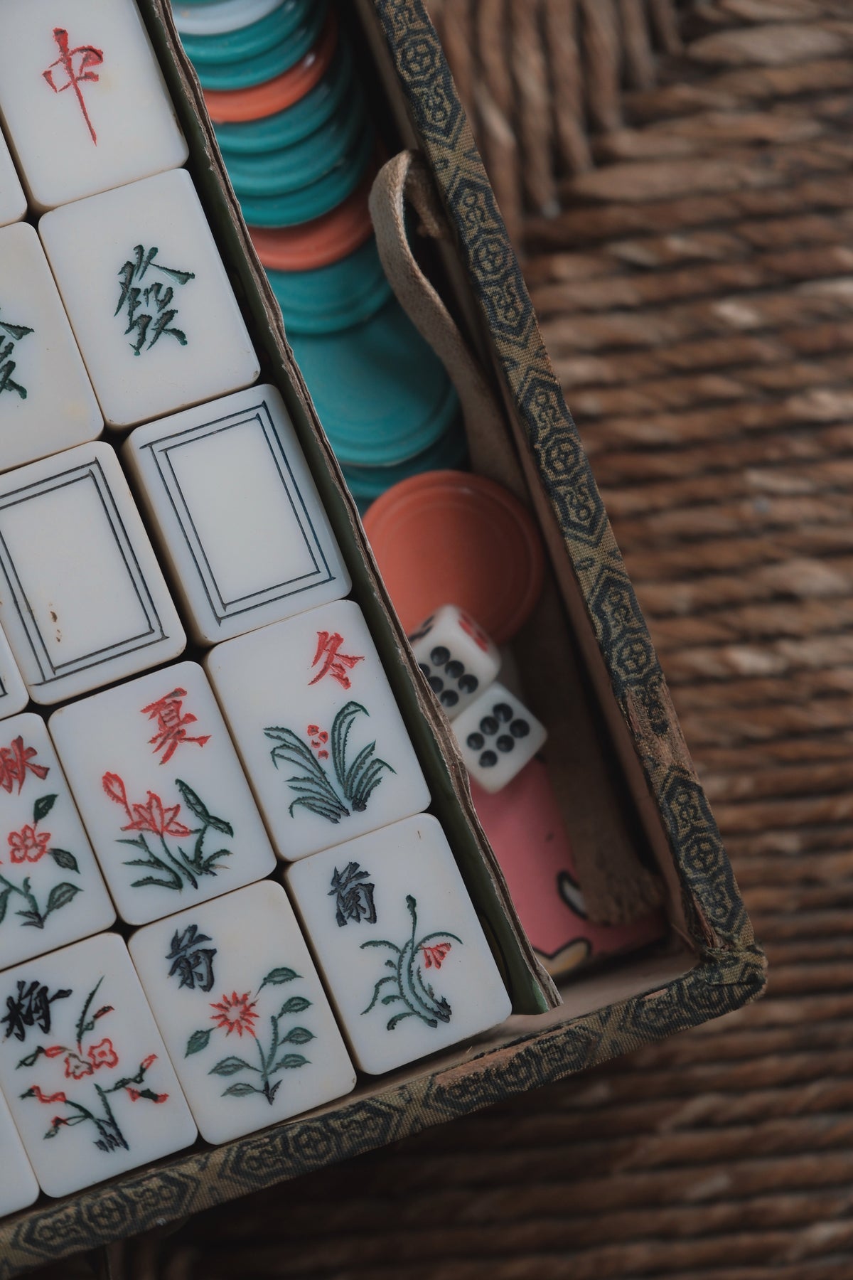 Vintage 1980s Hand-carved mahjong set, acrylic-inlaid bamboo-backed Cantonese style