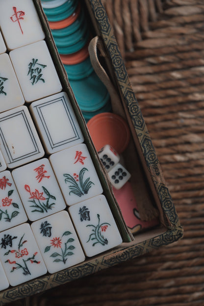 Vintage 1980s Hand-carved mahjong set, acrylic-inlaid bamboo-backed Cantonese style