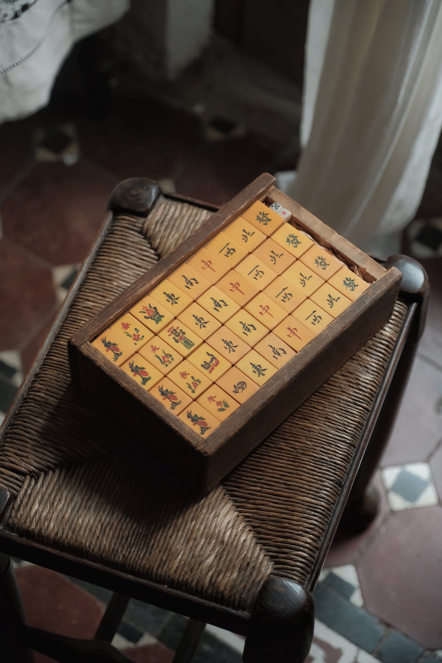 1970s Hand-Carved Celluloid and Bamboo-Backed Mahjong Set with Cat Tiles