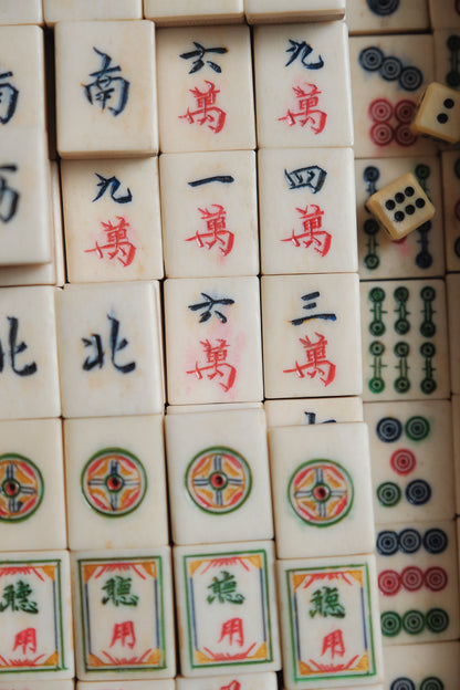 Vintage 1970s Hand-Carved Bone-and-Bamboo Mahjong Set