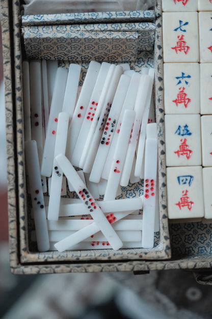 Vintage 1970s Hand-Carved Bone-and-Bamboo Mahjong Set