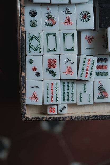 Vintage 1980s Hand-carved calligraphy style mahjong set with black backing