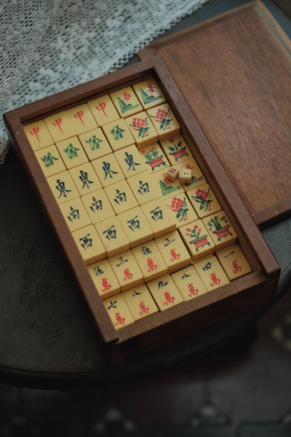 1970s  Hand-Carved Calligraphic Resin Mahjong Set (Faux Ivory) wooden box