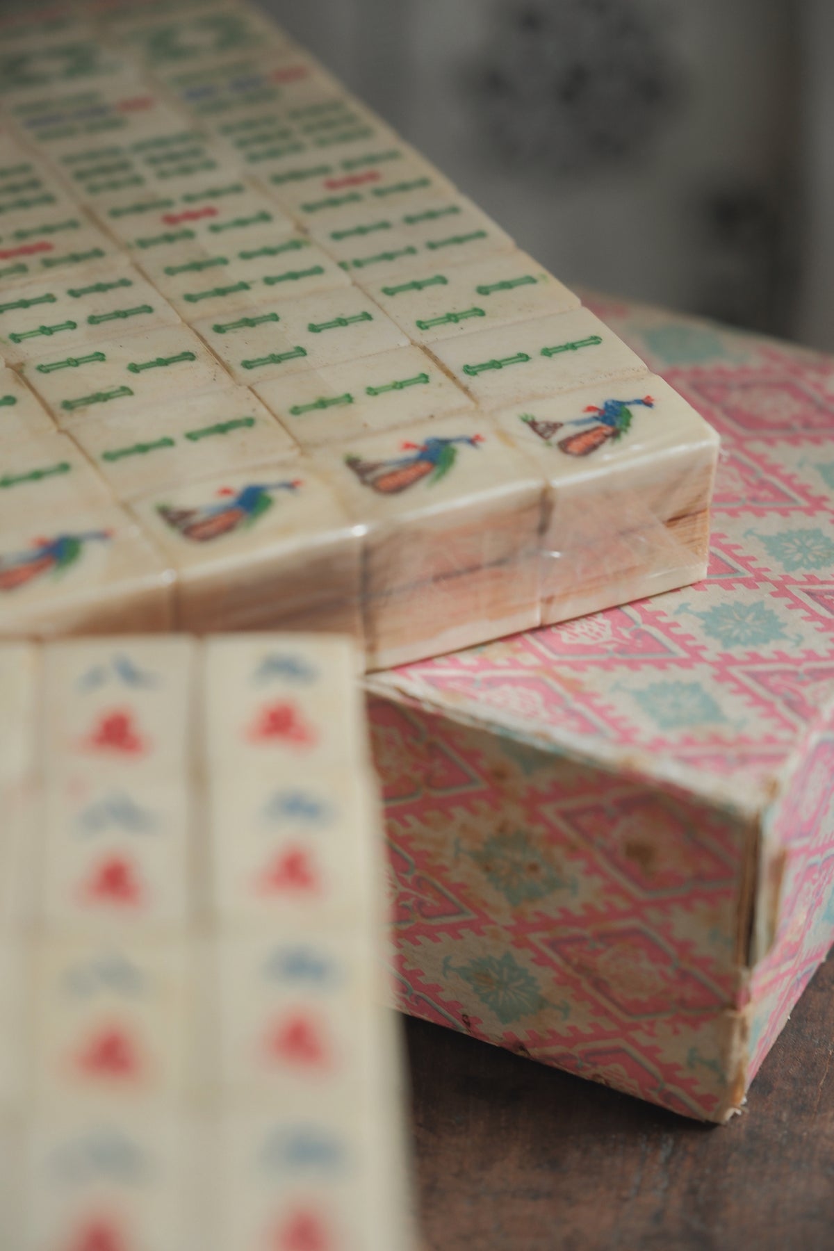 Vintage 1970s Bamboo-Backed Hand-Carved mahjong set.