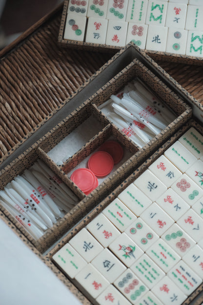 1970s Vintage Hand-Carved Bone-and-Bamboo Mahjong Set with Original Box