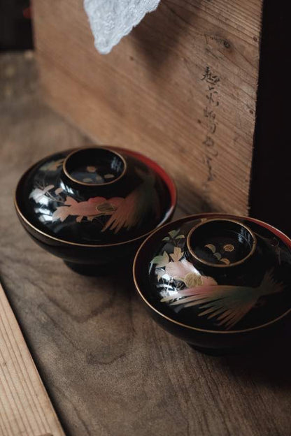 ($100)日本製• 明治全木胎漆器描金鳥花蓋碗