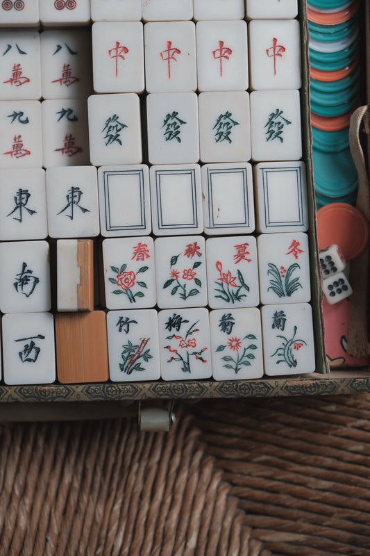 Vintage 1980s Hand-carved mahjong set, acrylic-inlaid bamboo-backed Cantonese style