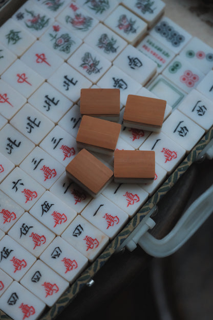 Vintage 1980s Hand-Carved Plastic and Bamboo Cantonese Mahjong Set