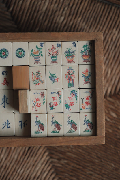 Vintage 1960s Hand-Carved Bamboo and Bone Mahjong Set