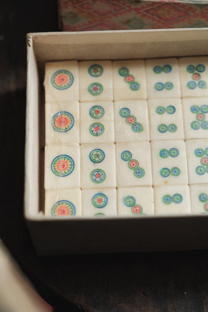 Vintage 1970s Bamboo-Backed Hand-Carved mahjong set.
