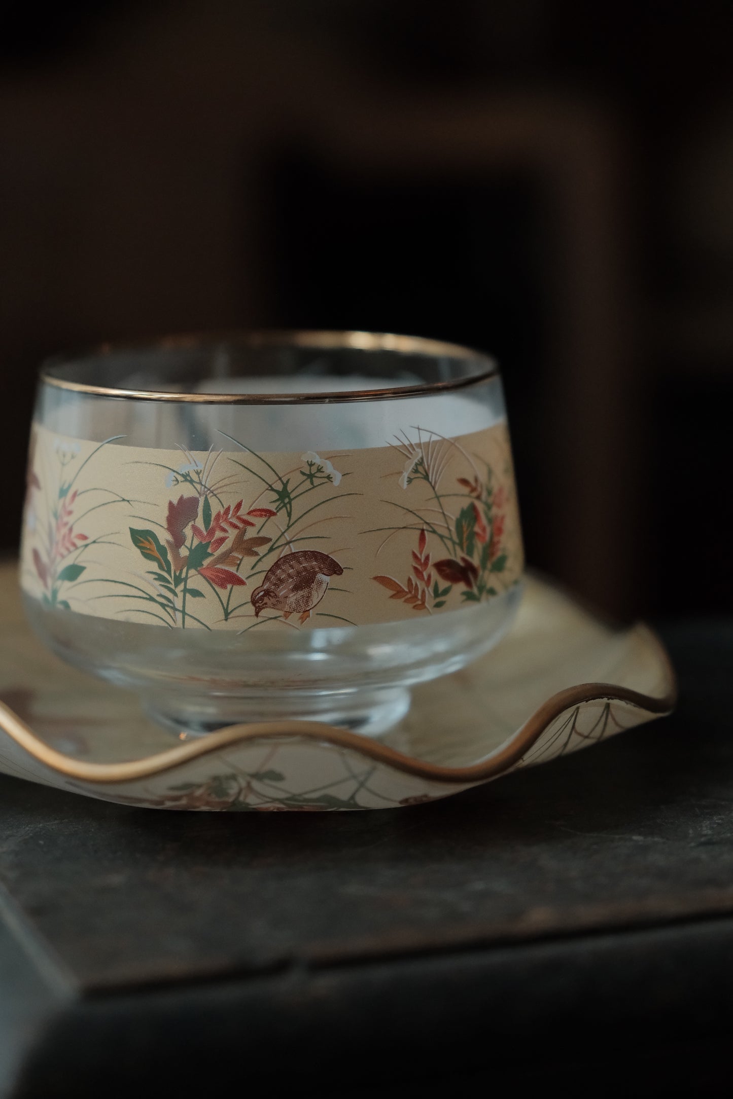 日本製•昭和光琳繪花鳥冷茶杯連碟