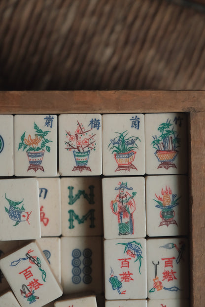 Vintage 1960s Hand-Carved Bamboo and Bone Mahjong Set