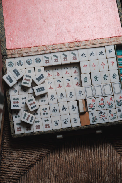 Vintage 1980s Hand-carved mahjong set, acrylic-inlaid bamboo-backed Cantonese style