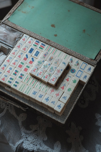 Vintage 1970s Hand-Carved Bone-and-Bamboo Mahjong Set