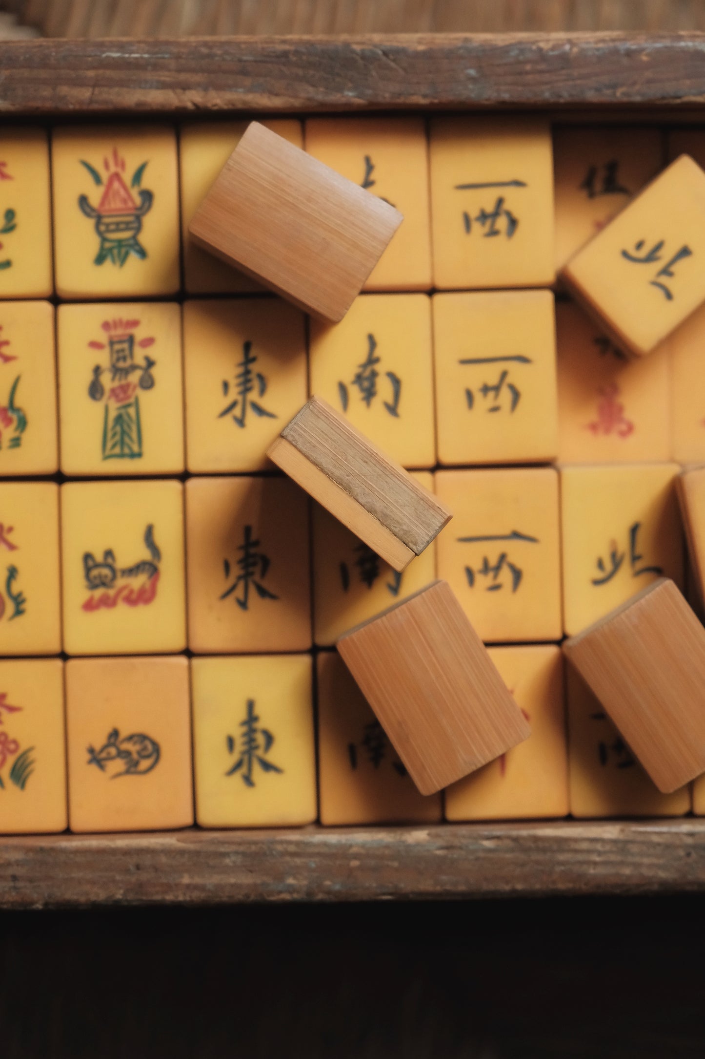 1970s Hand-Carved Celluloid and Bamboo-Backed Mahjong Set with Cat Tiles