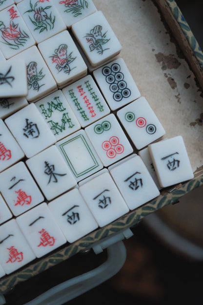 Vintage 1980s Hand-Carved Plastic and Bamboo Cantonese Mahjong Set