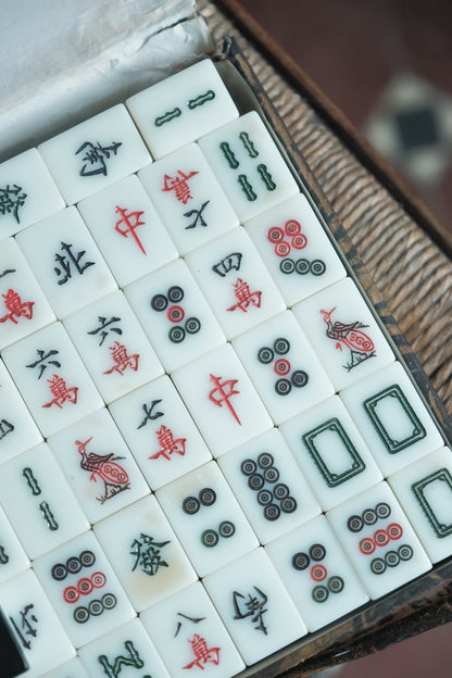1970s Hand-carved Mahjong set with cat flower tiles