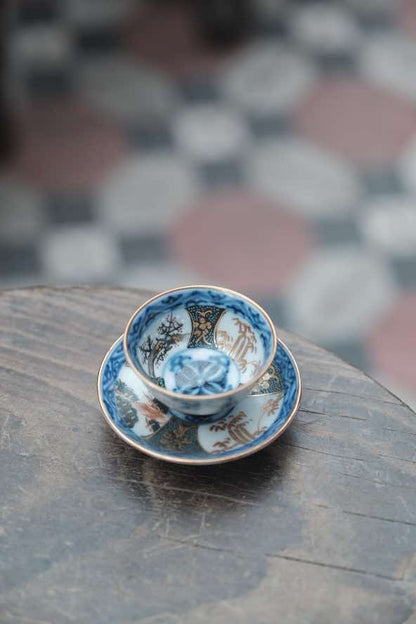 日本製•全手繪九谷燒青花內繪茶盞連碟（25ml）