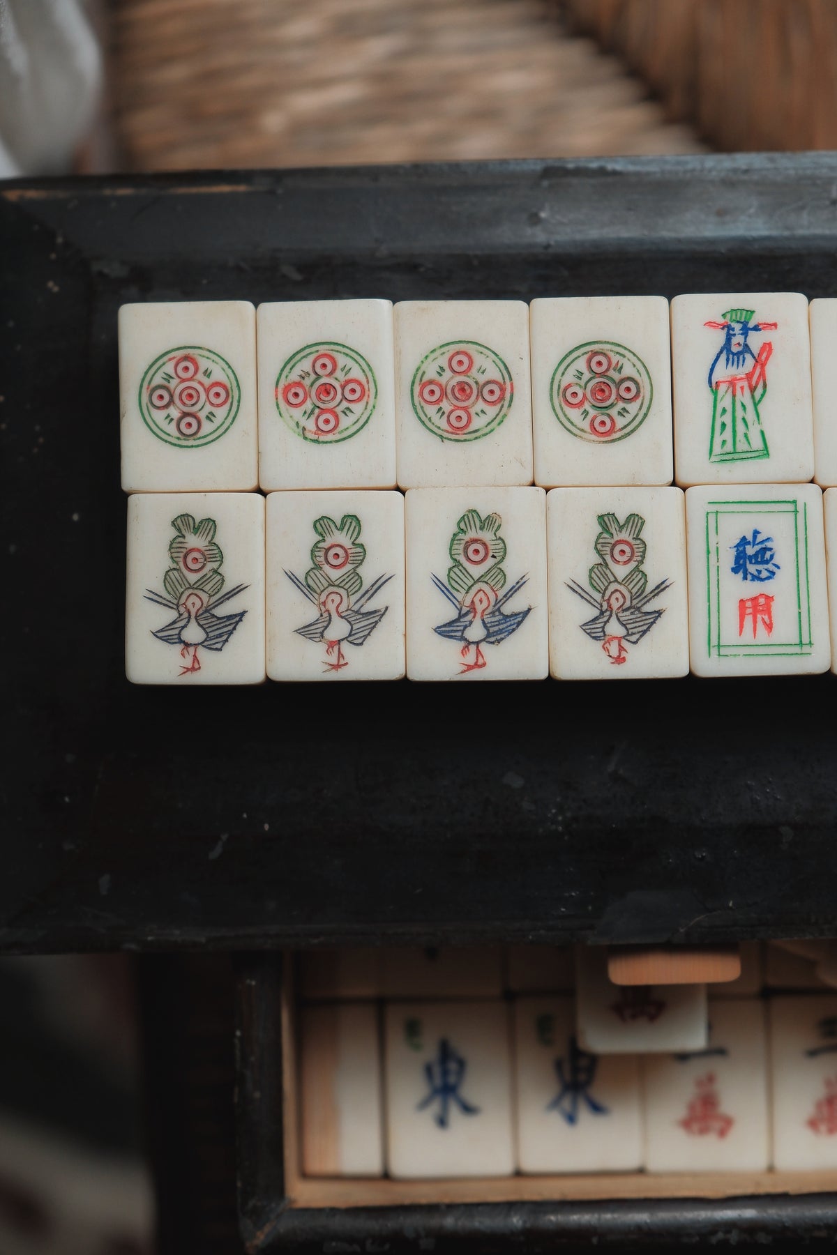 Vintage 1960s Hand-carved Sichuan-crafted bamboo and bone mahjong set