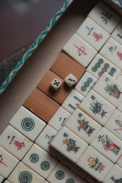 Vintage 1960s Hand-Carved Bamboo and Bone Mahjong Set