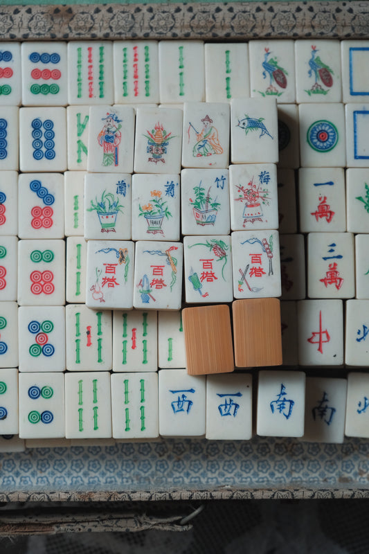 Vintage 1970s Hand-Carved Bone-and-Bamboo Mahjong Set