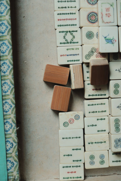 Vintage 1960s Hand-Carved Bamboo and Bone Mahjong Set