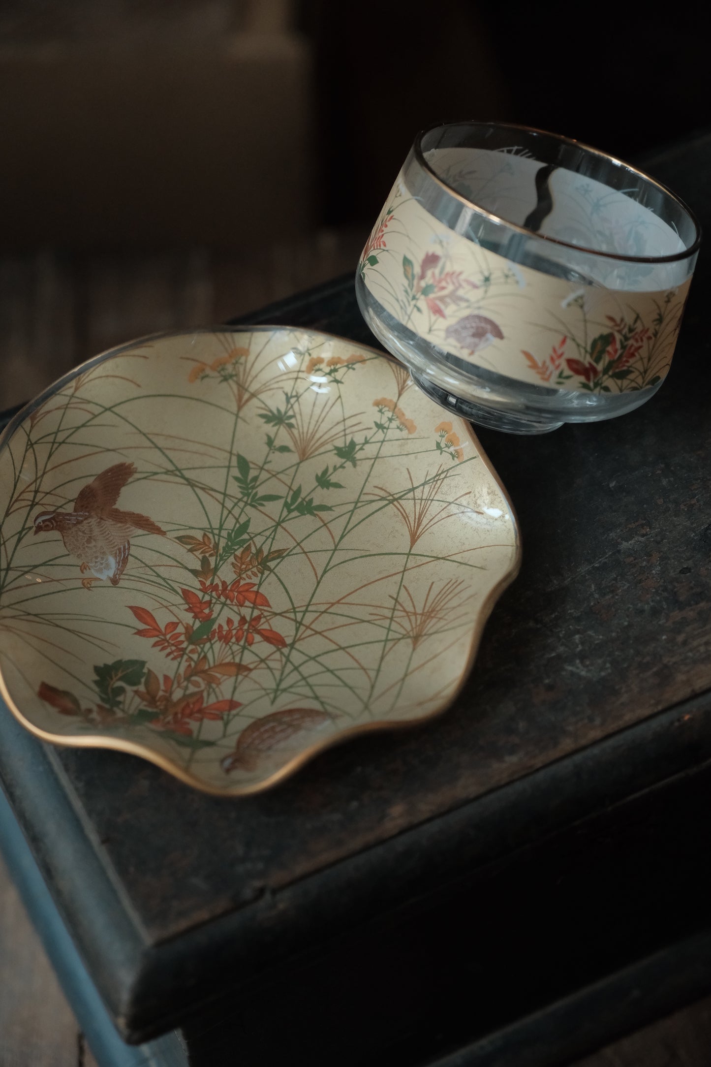日本製•昭和光琳繪花鳥冷茶杯連碟