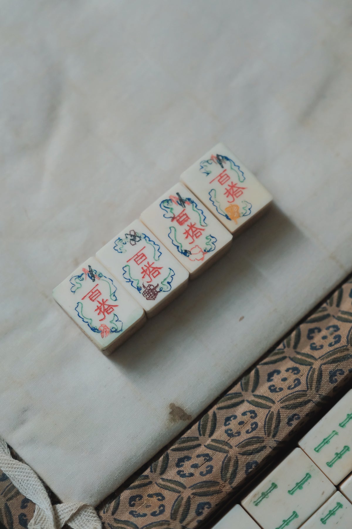 Vintage 1960s Hand-Carved Bamboo and Bone Mahjong Set