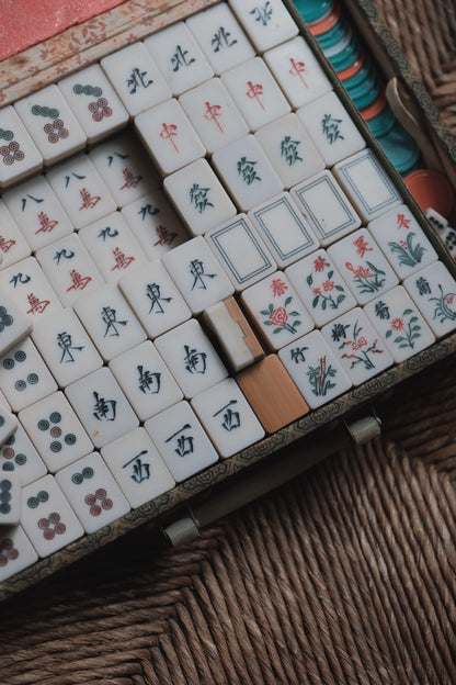 Vintage 1980s Hand-carved mahjong set, acrylic-inlaid bamboo-backed Cantonese style
