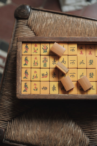 1970s Hand-Carved Celluloid and Bamboo-Backed Mahjong Set with Cat Tiles