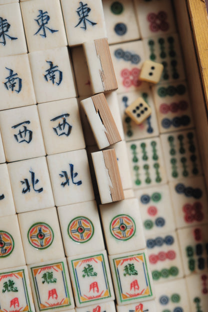 Vintage 1970s Hand-Carved Bone-and-Bamboo Mahjong Set