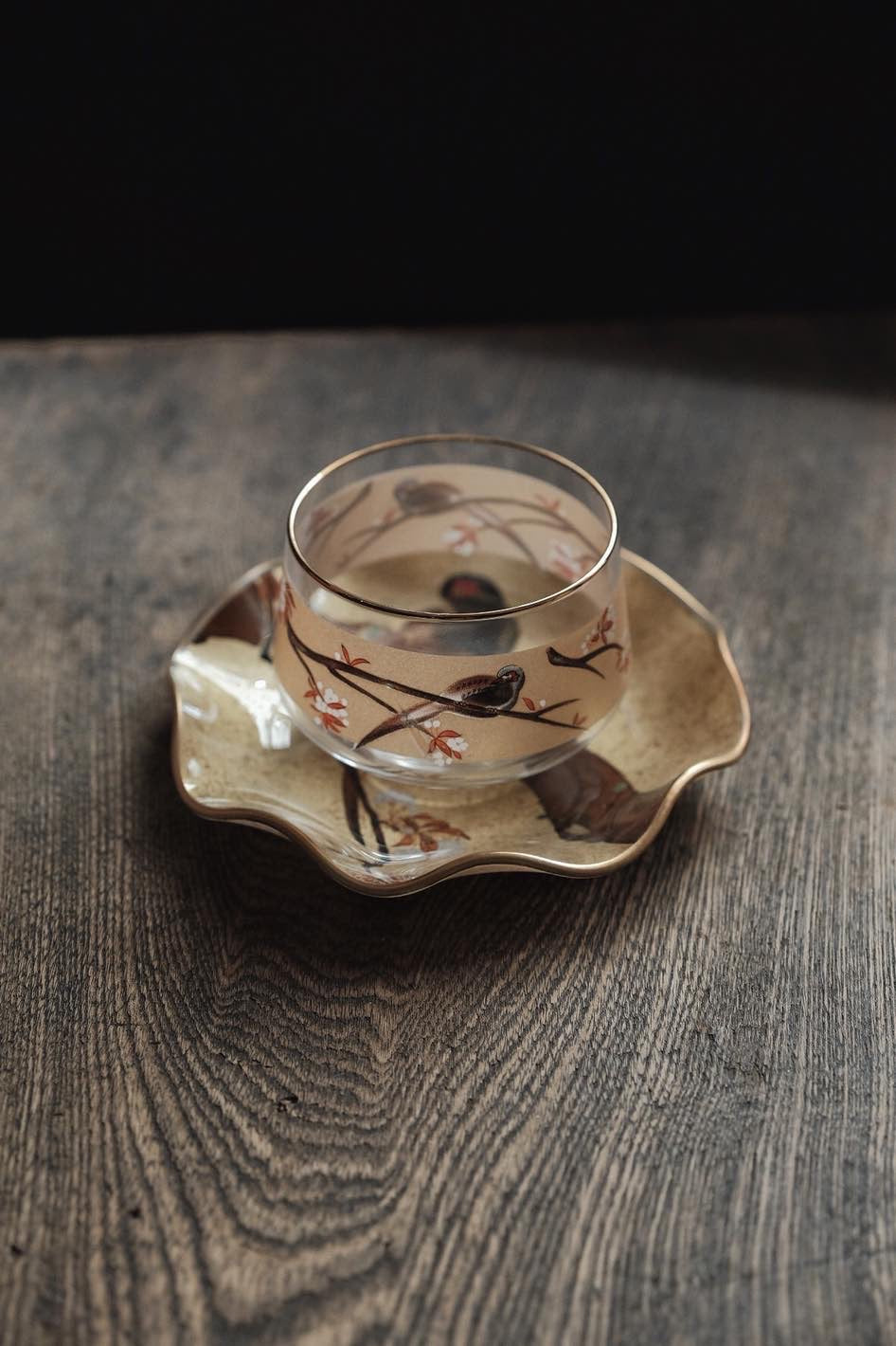 日本製•昭和光琳繪花鳥冷茶杯連碟(220ml)