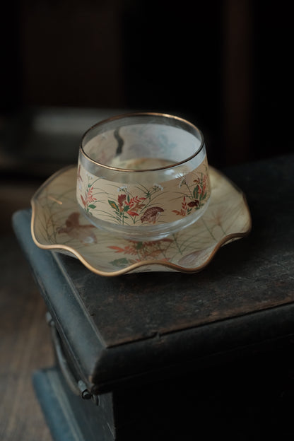 日本製•昭和光琳繪花鳥冷茶杯連碟