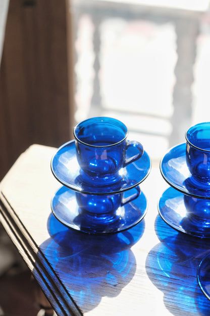 法國製• Arcoroc klein blue藍寶石色系玻璃咖啡杯碟 （90ml）