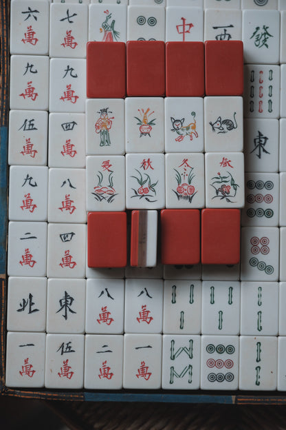 Vintage 1980s Hand-carved cat flower tiles plastic mahjong set