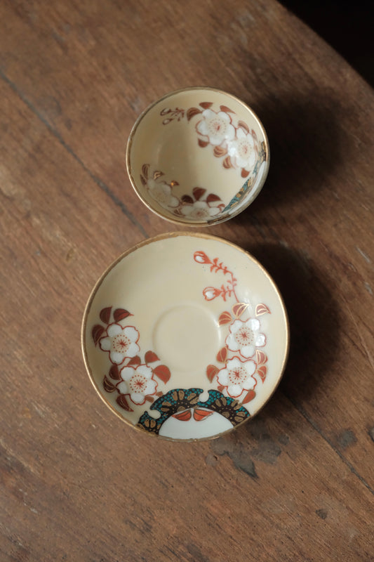 早期日本製•全手繪九谷燒青花內繪茶盞連碟（25ml）