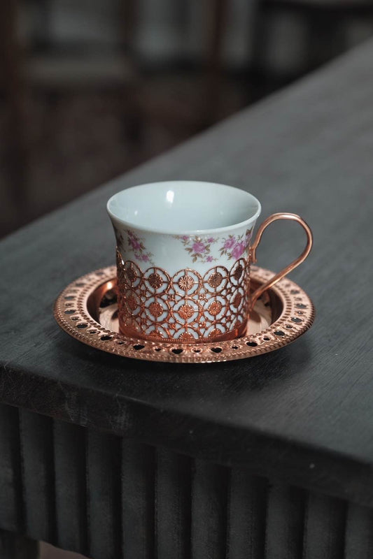 日本製 · 紅銅鏤空花陶瓷杯碟一套（150ml）