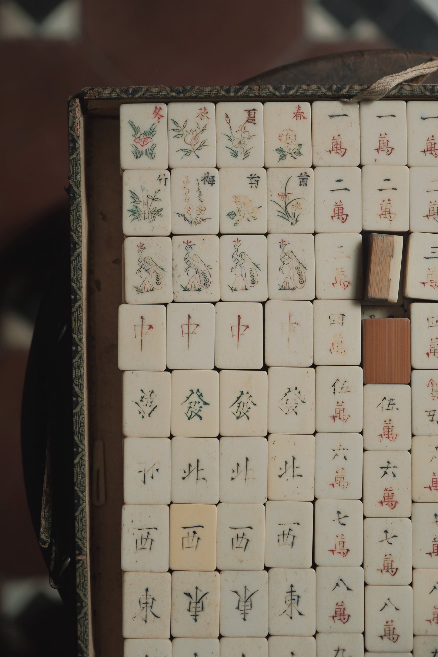 Vintage 1960s Hand-Carved Bamboo and Bone Mahjong Set  Comes with two bone dice.