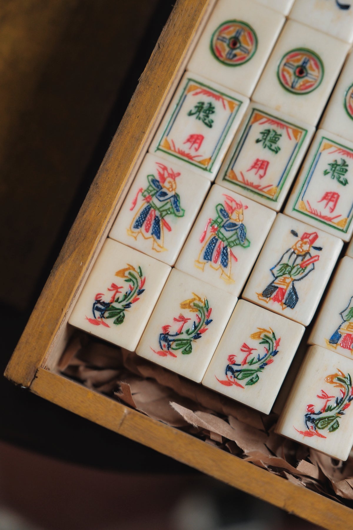 Vintage 1970s Hand-Carved Bone-and-Bamboo Mahjong Set