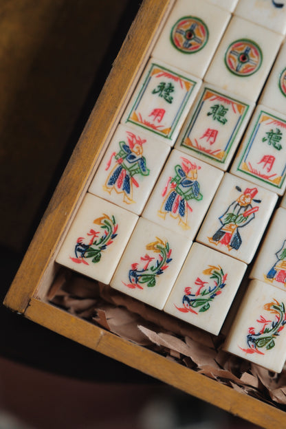 Vintage 1970s Hand-Carved Bone-and-Bamboo Mahjong Set