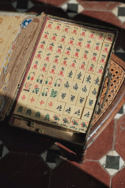 1970s Hand-Carved Calligraphic Resin Mahjong Set (Faux Ivory)
